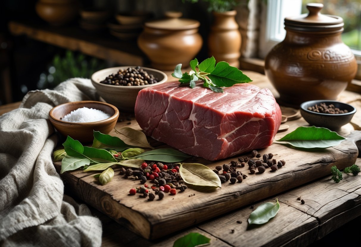 A rustic kitchen table with raw beef and spices used for preparing traditional spiced beef from Cork, Ireland.