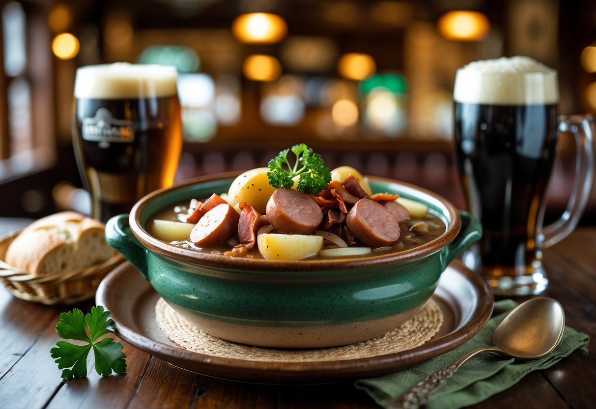 A bowl of Dublin coddle with sausages, bacon, onions, and potatoes on a wooden table, accompanied by a glass of stout beer and soda bread.