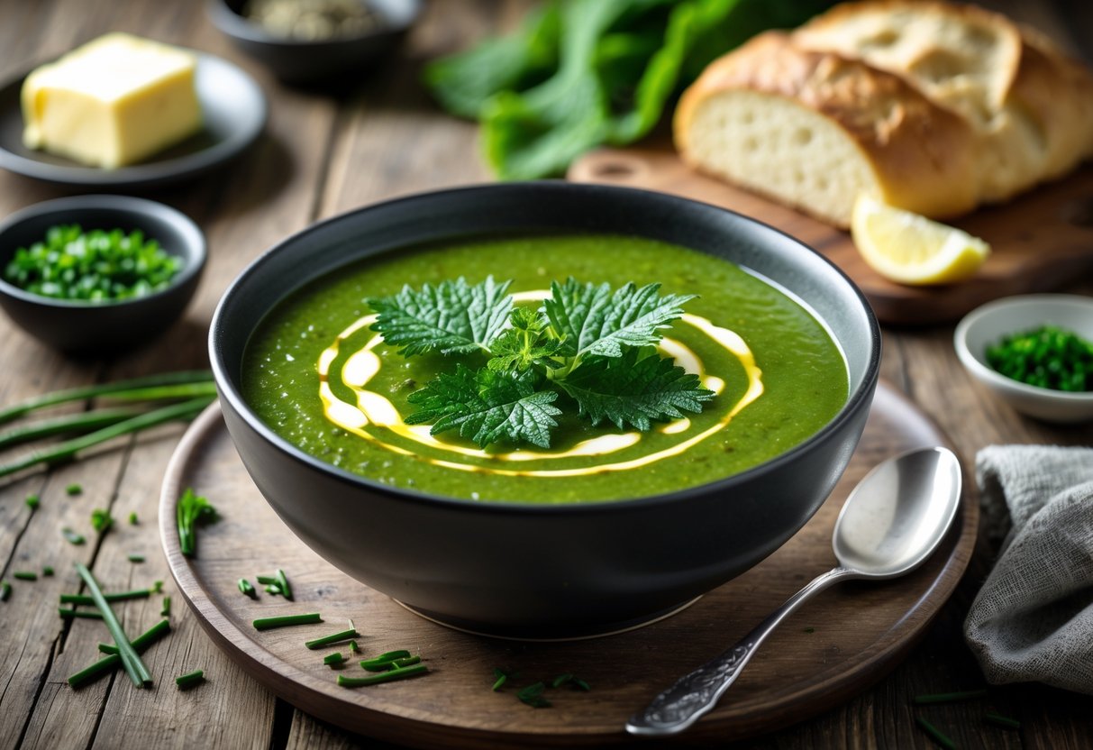 A bowl of green nettle soup garnished with fresh leaves on a wooden table with small dishes of herbs, lemon wedge, and Irish soda bread nearby.