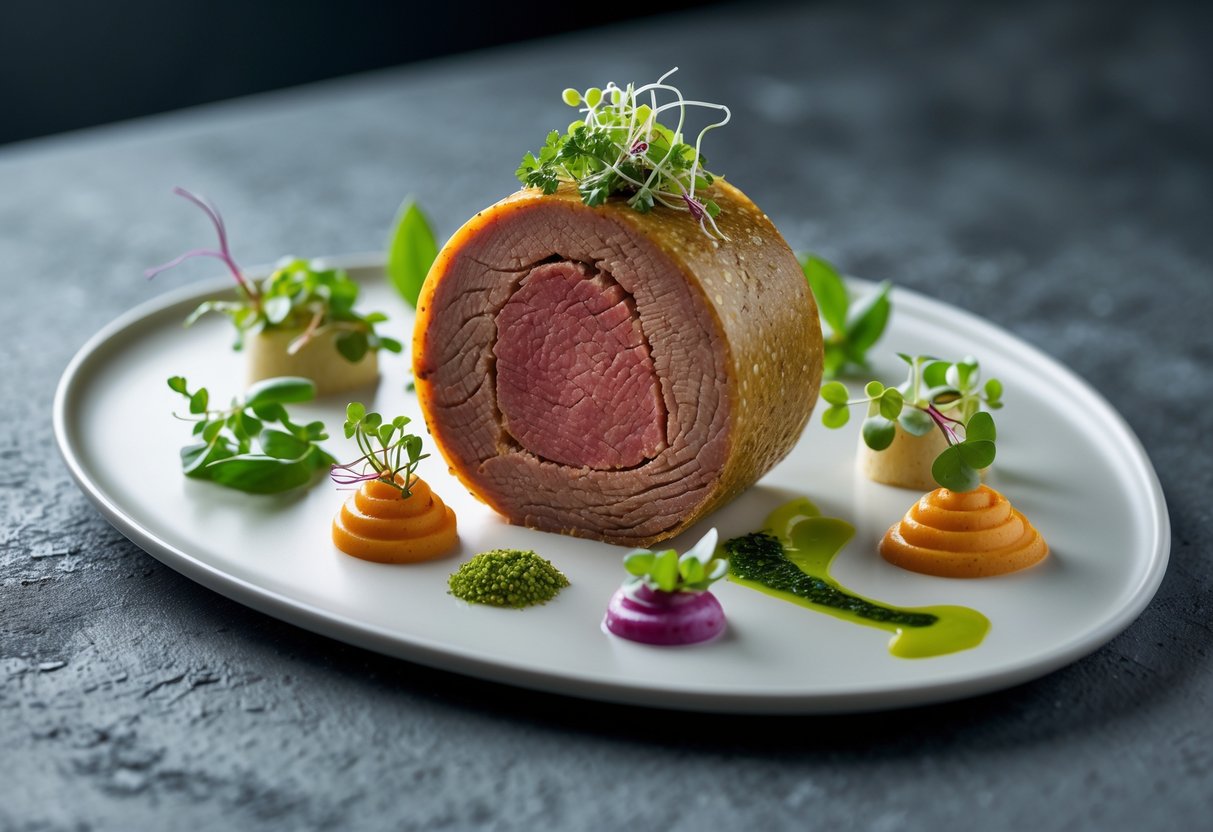A plated spiced beef cork sliced to show its interior, garnished with fresh herbs and sauces on a white plate.