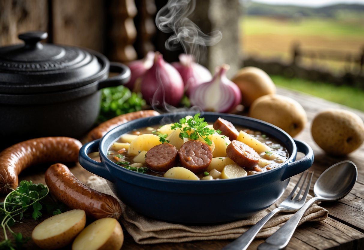 A bowl of Dublin coddle with sausages, potatoes, and onions on a wooden table surrounded by fresh ingredients and a cast iron pot.