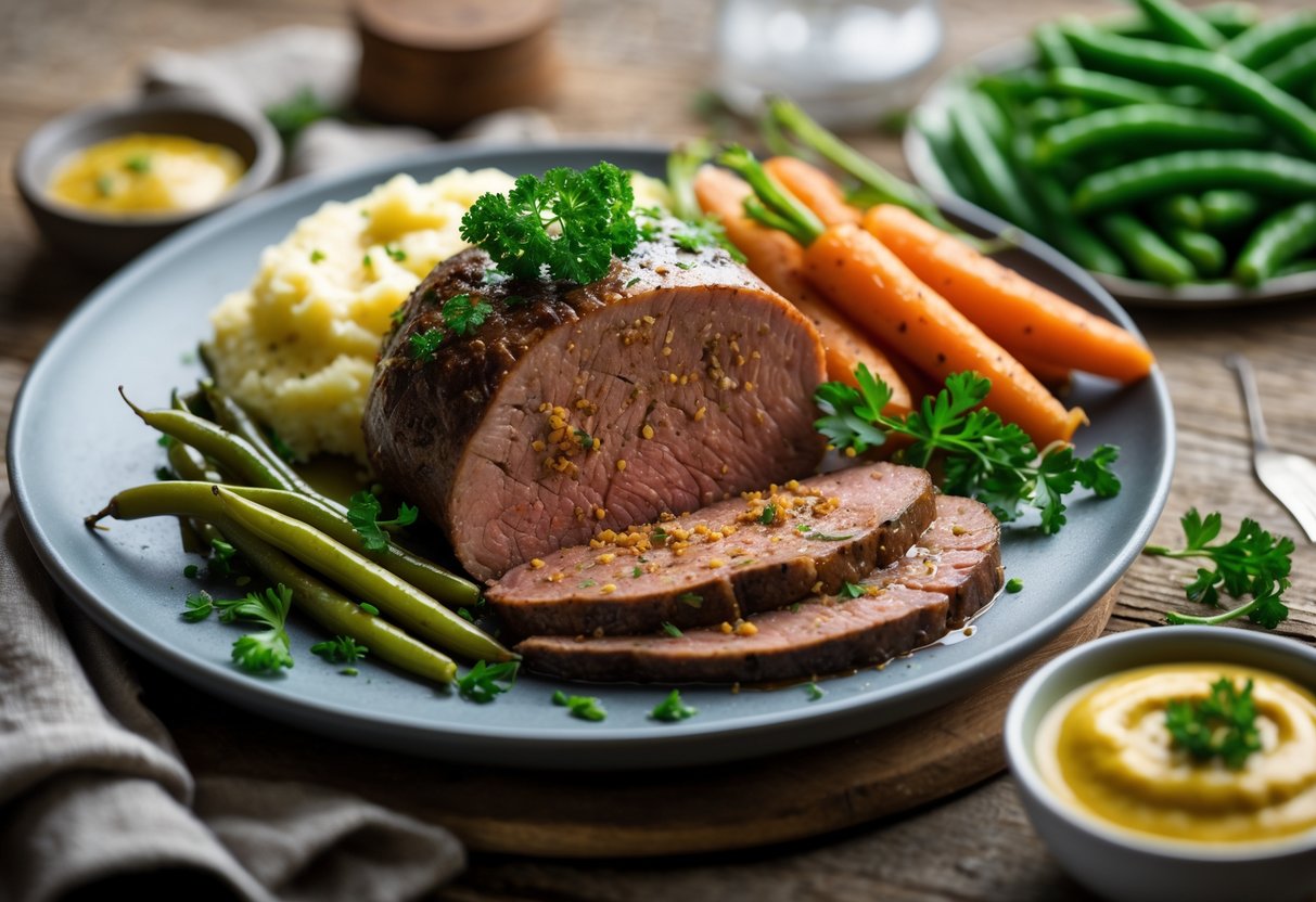A plate with sliced spiced beef cork surrounded by mashed potatoes, green beans, and roasted carrots on a wooden table.