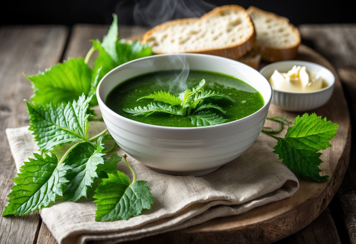 A bowl of green nettle soup on a wooden table with fresh nettle leaves and a slice of Irish soda bread nearby.
