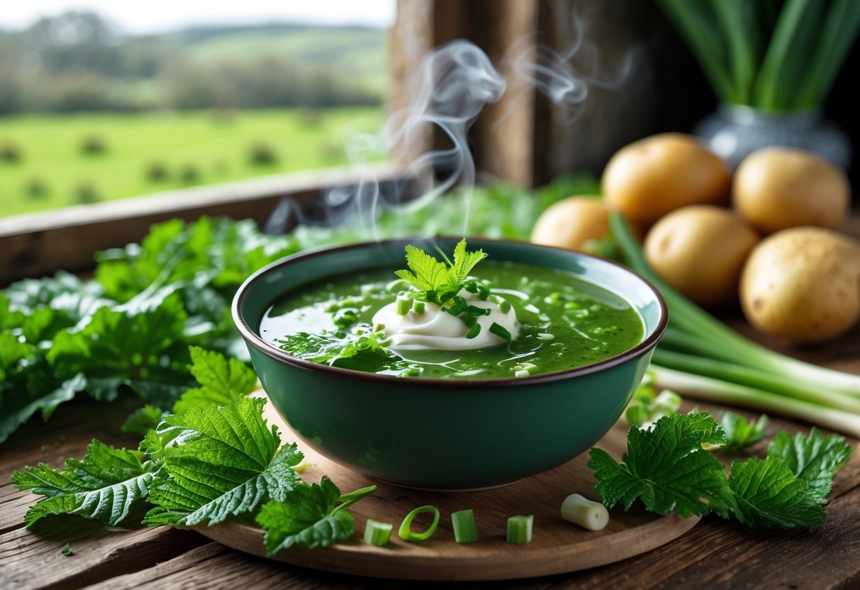 A bowl of green nettle soup on a wooden table with fresh nettle leaves and vegetables around it, set in a cozy kitchen with a window showing green countryside.