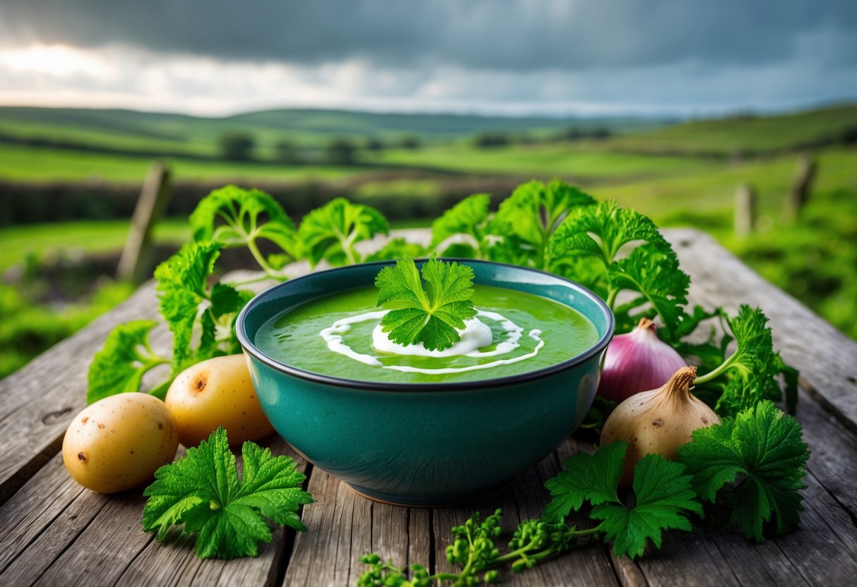 A bowl of green nettle soup on a wooden table surrounded by fresh nettle leaves and vegetables with an Irish countryside landscape in the background.