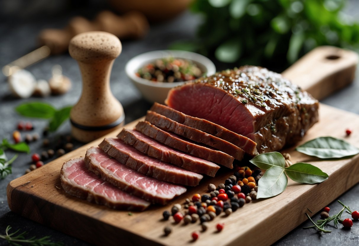 Sliced spiced beef on a wooden cutting board with a cork stopper and spices in a rustic kitchen setting.