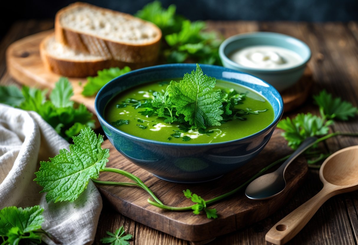 A bowl of green nettle soup on a wooden table with fresh nettle leaves, bread, and cream nearby.