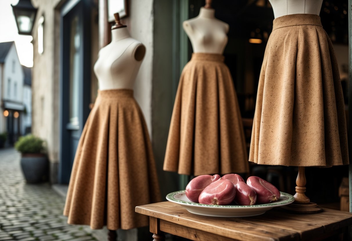 Display of traditional cork skirts and fresh kidneys on a table with historic Cork town buildings in the background.