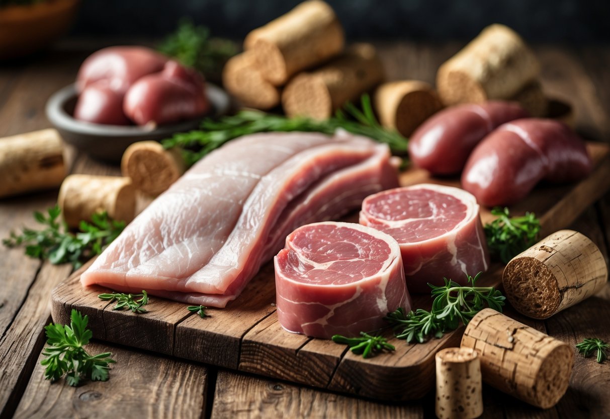 A wooden table with raw pork skirts, kidneys, and pieces of cork arranged on it.