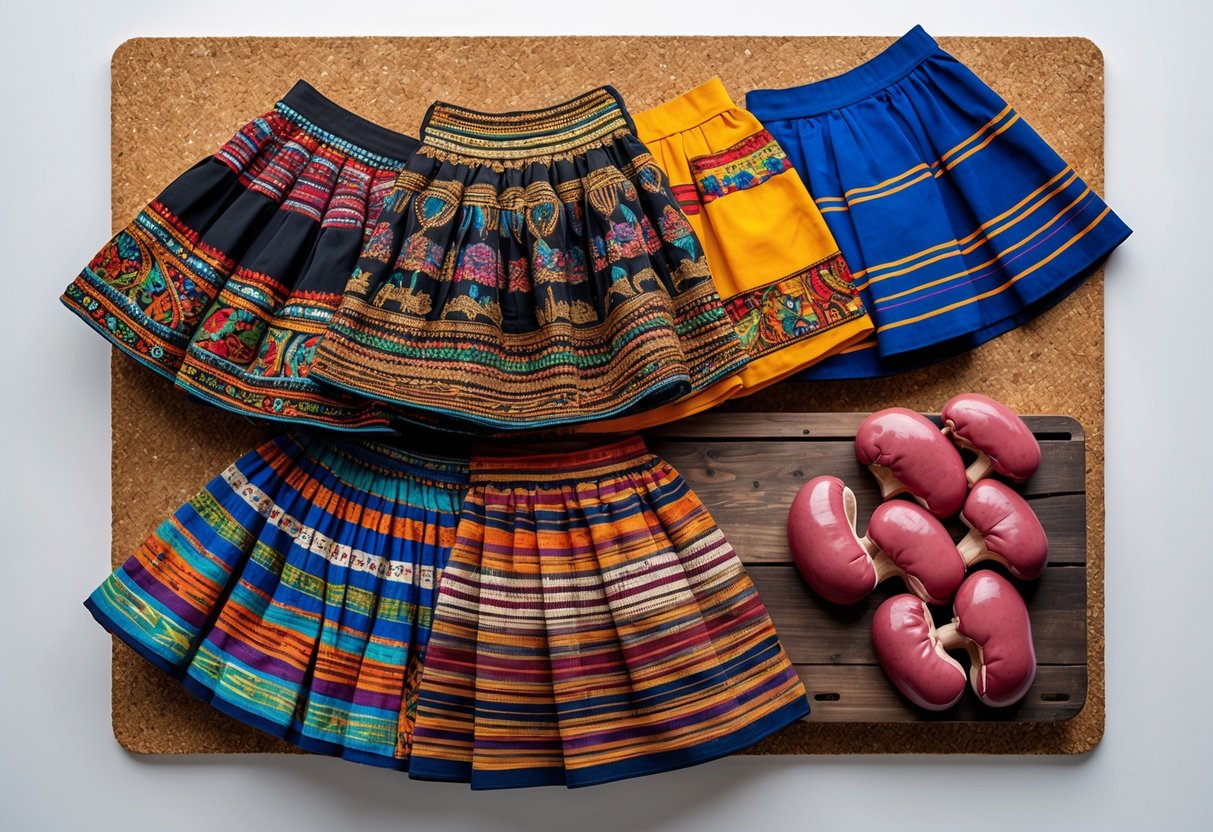 An arrangement showing various traditional skirts with different patterns, fresh kidneys on wooden boards, and cork materials in the background.