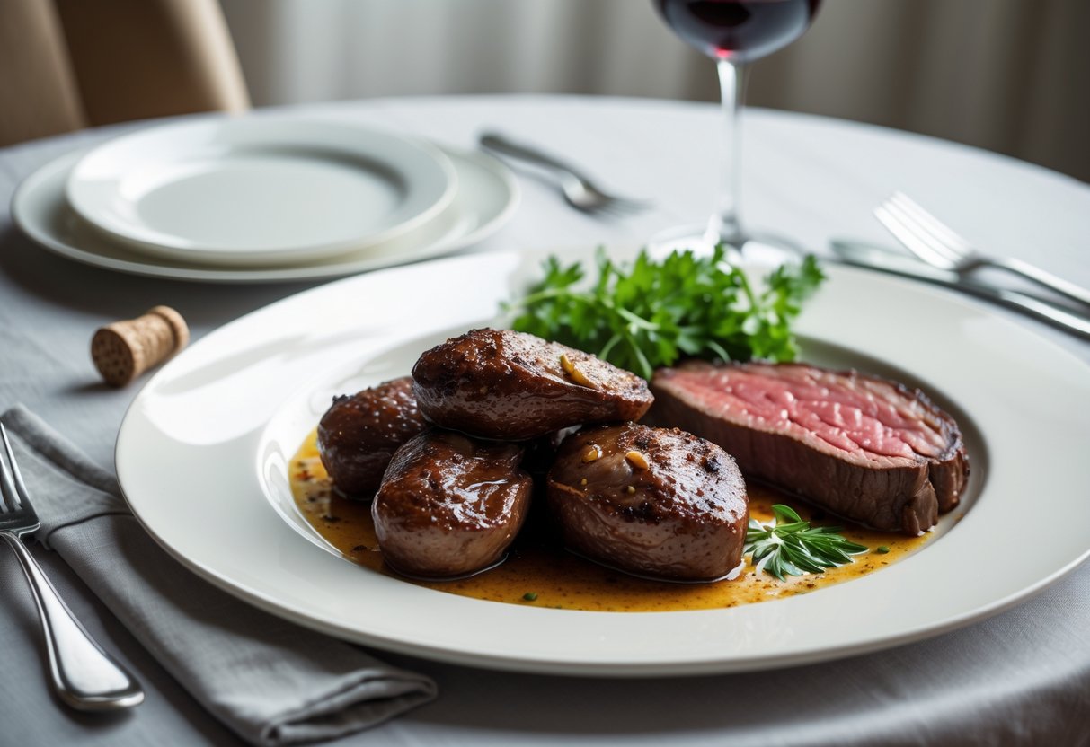 A plated dish of cooked kidneys and skirt steak on a dining table with a glass of red wine and a wine cork nearby.