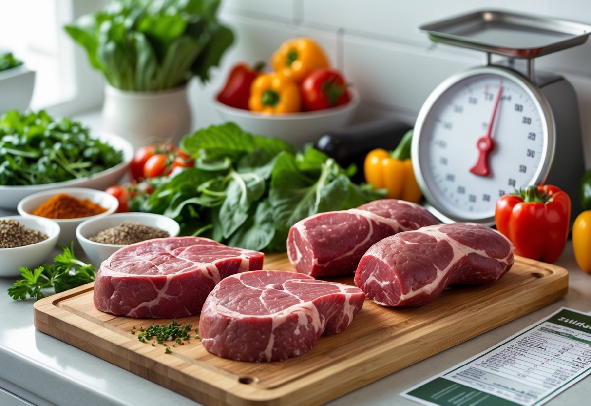 Raw beef skirts and kidneys on a wooden cutting board surrounded by fresh vegetables and spices on a kitchen countertop.