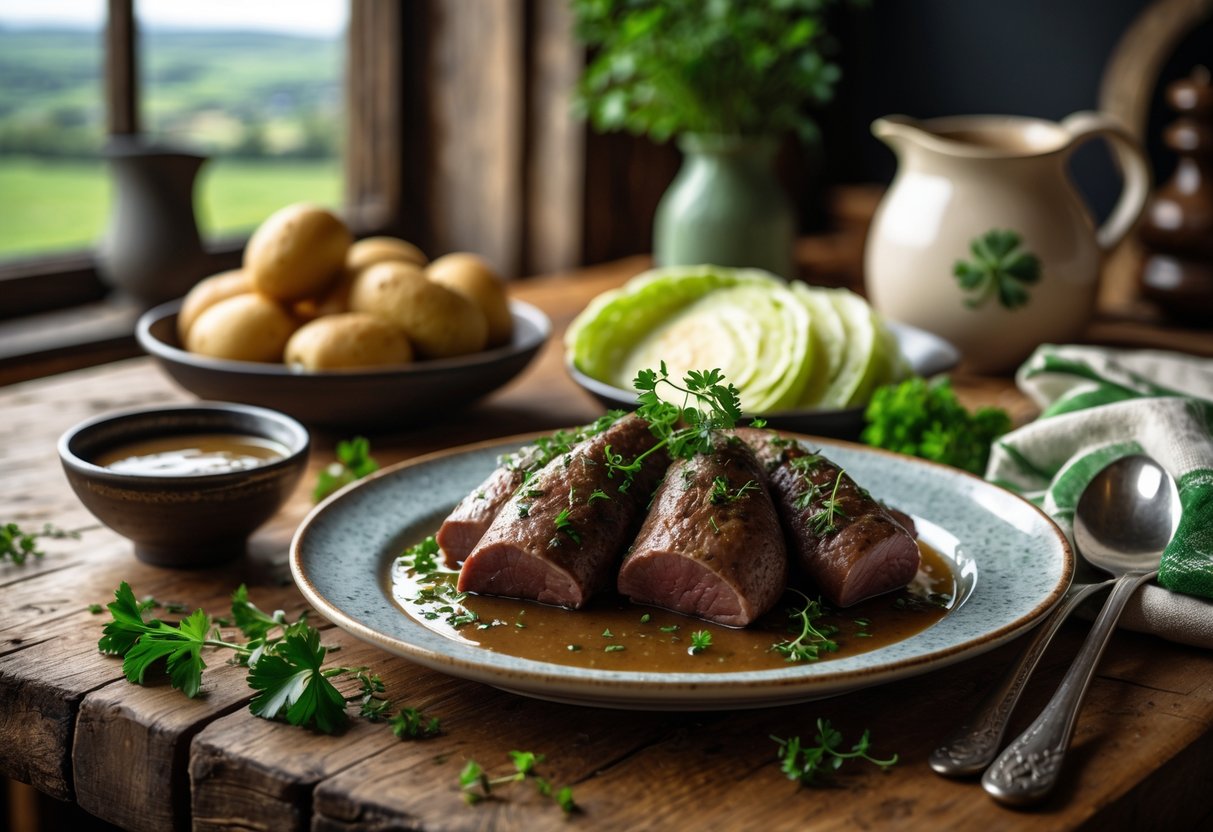 A plated dish of cooked beef skirts and kidneys with boiled potatoes and cabbage on a wooden table in a cozy kitchen.
