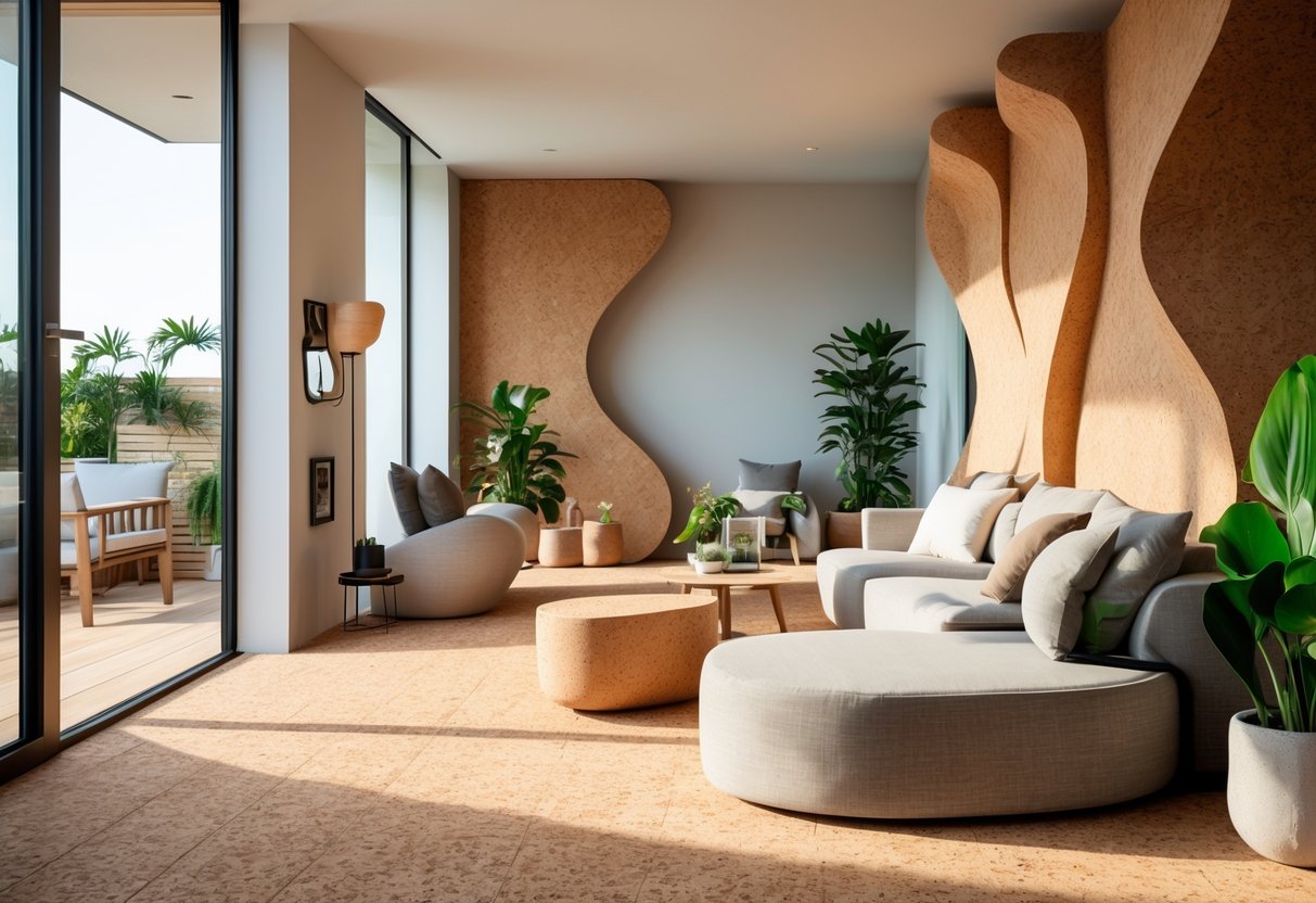 A modern living room with cork flooring and curved cork wall accents, furnished with contemporary furniture and indoor plants.