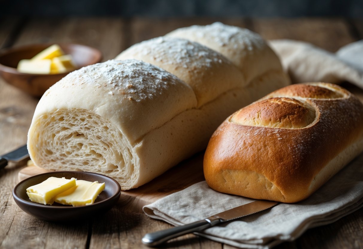 Close-up of a Waterford blaa roll next to a crusty brown bread roll on a wooden table with butter and a knife nearby.