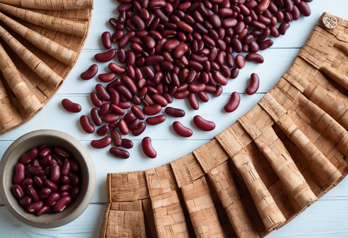 Flat lay of cork skirts and kidney beans arranged on a light wooden surface.