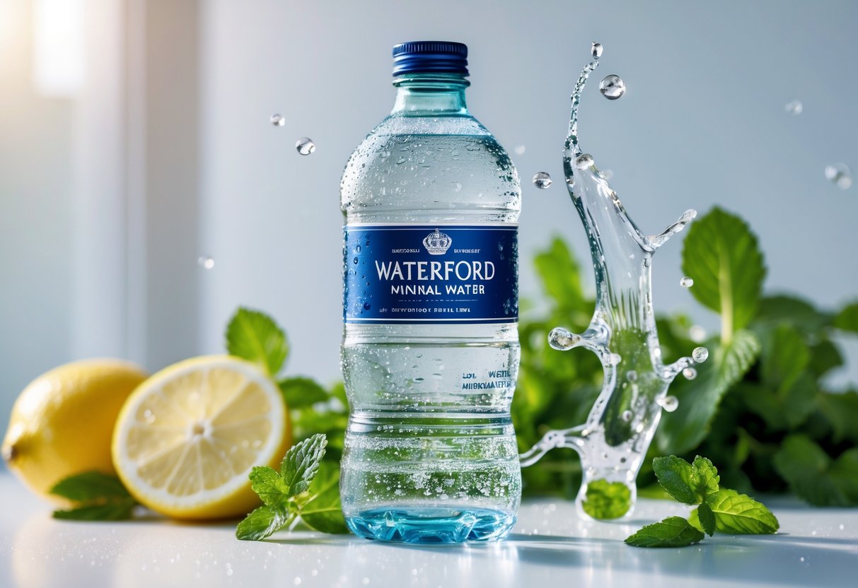 A clear glass bottle of Waterford mineral water on a white surface surrounded by lemon slices and mint leaves with water splashes.