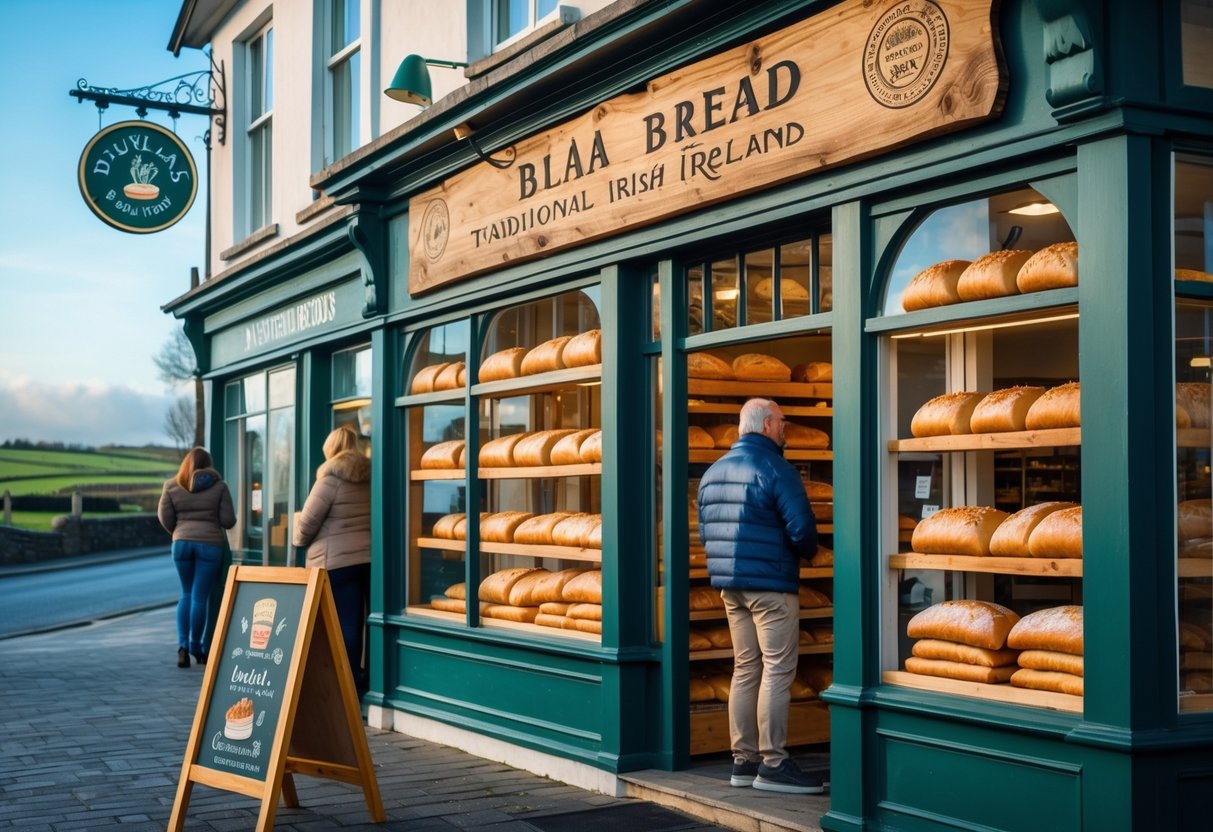 A bakery storefront in Waterford displaying freshly baked traditional Irish blaa bread with customers outside on a clear day.
