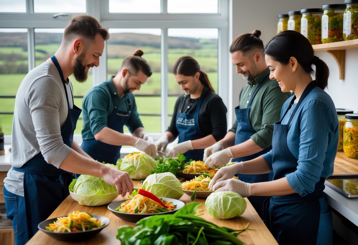 A group of people preparing kimchi together in a bright kitchen with jars of kimchi and a view of the Irish countryside through the window.