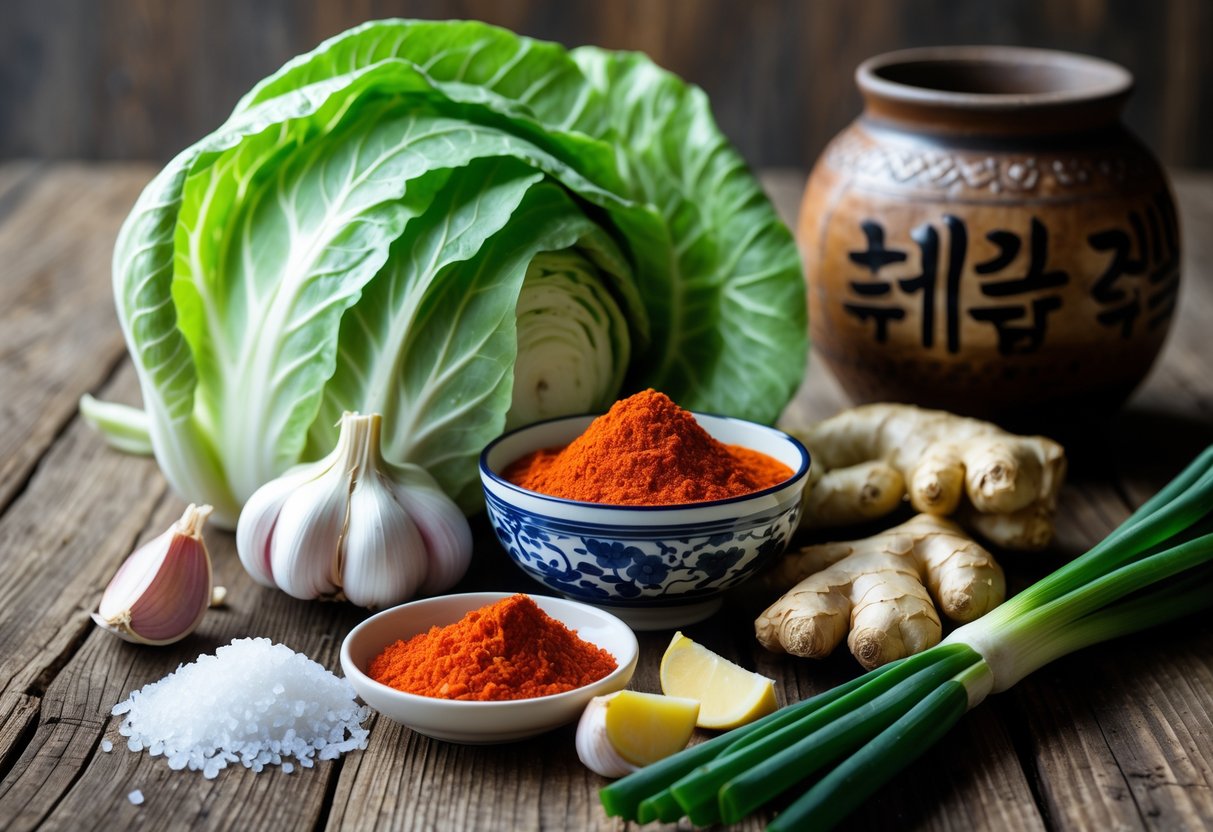 A display of fresh kimchi ingredients including napa cabbage, red chili powder, garlic, ginger, green onions, and sea salt on a wooden table with a traditional fermentation jar in the background.