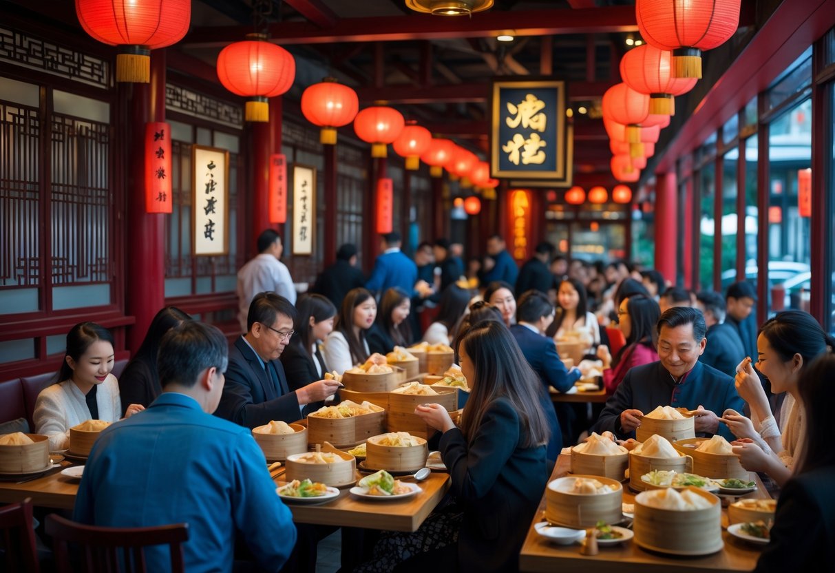 Interior of a busy Chinese dim sum restaurant with people enjoying food at tables surrounded by traditional Asian decor.
