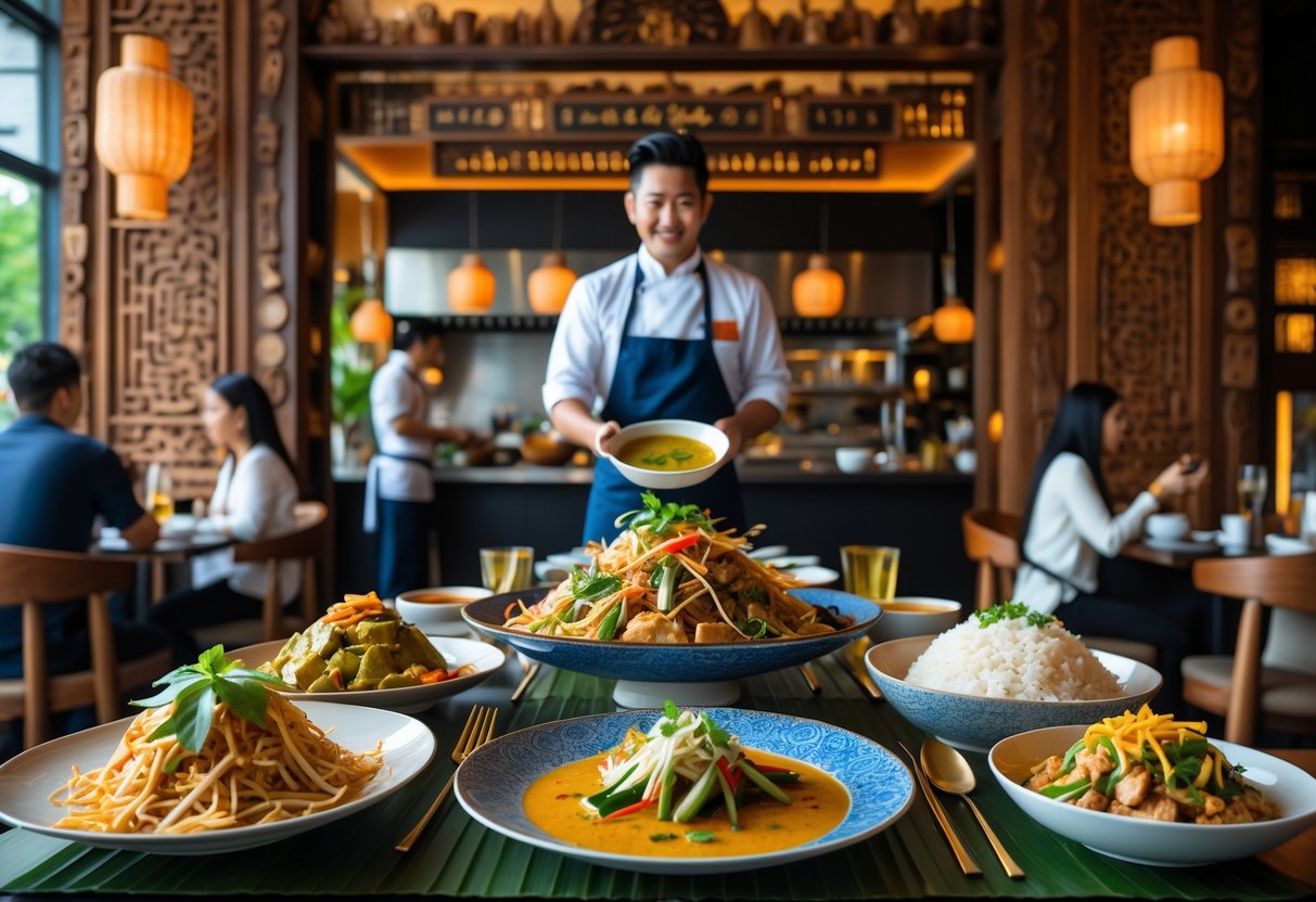 Interior of a Thai restaurant in Dublin with tables of traditional Thai dishes and a chef preparing food in the background.