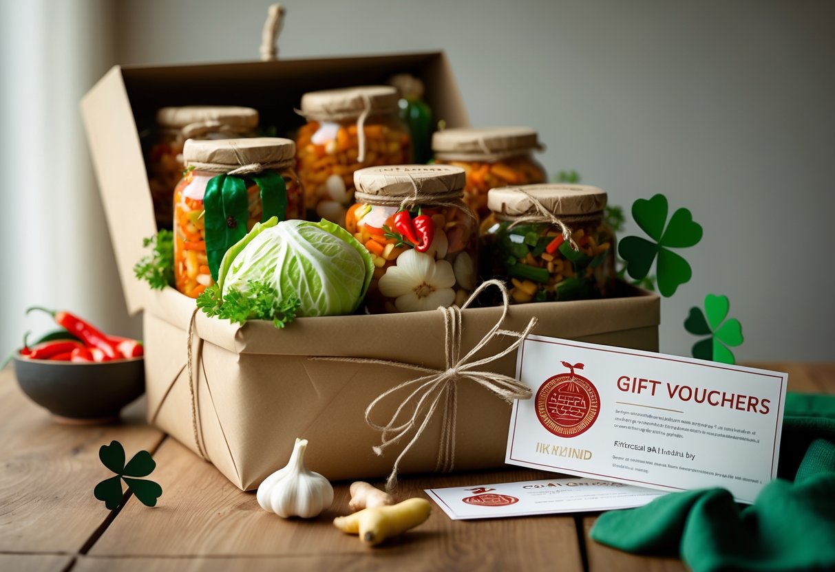 A gift hamper containing jars of kimchi and fresh ingredients on a wooden table, with gift vouchers nearby and a small shamrock decoration.