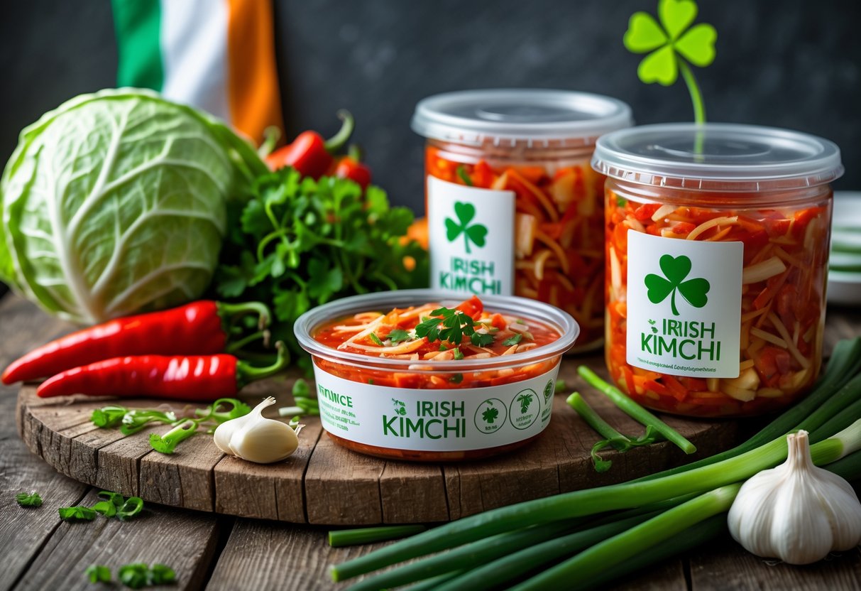 Fresh ingredients and eco-friendly packaging containers filled with kimchi on a wooden table with subtle Irish elements in the background.