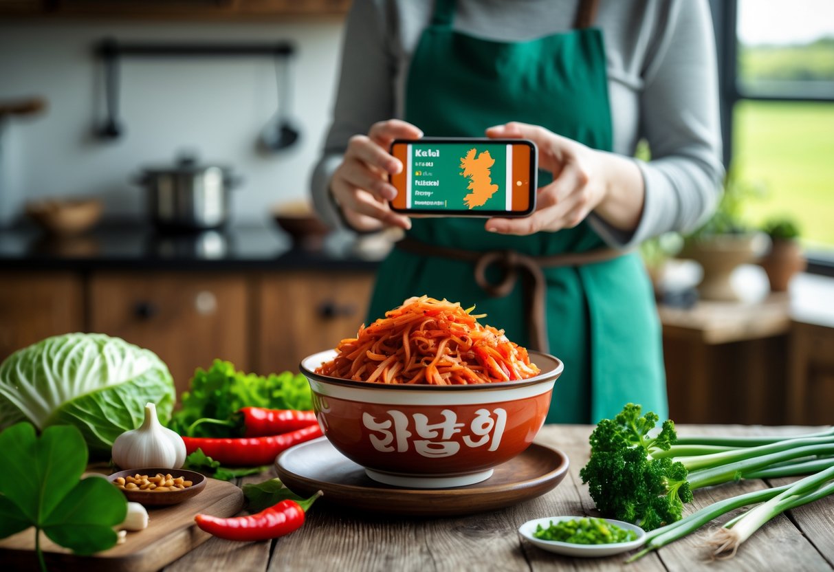 A bowl of kimchi on a wooden table with fresh ingredients and a person holding a smartphone showing a map of Ireland in a kitchen.