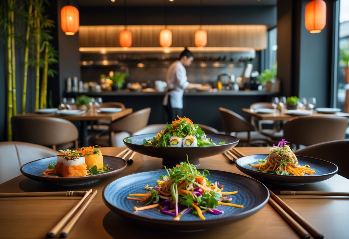 Interior of a modern Asian fusion restaurant in Dublin with tables set and colorful fusion dishes, a chef plating food in the background.