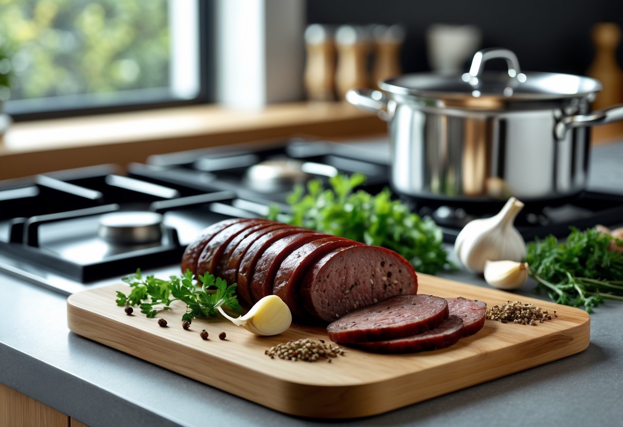 A kitchen scene with sliced drisheen sausage on a wooden board surrounded by fresh herbs and spices, with a pot simmering on a stove in the background.