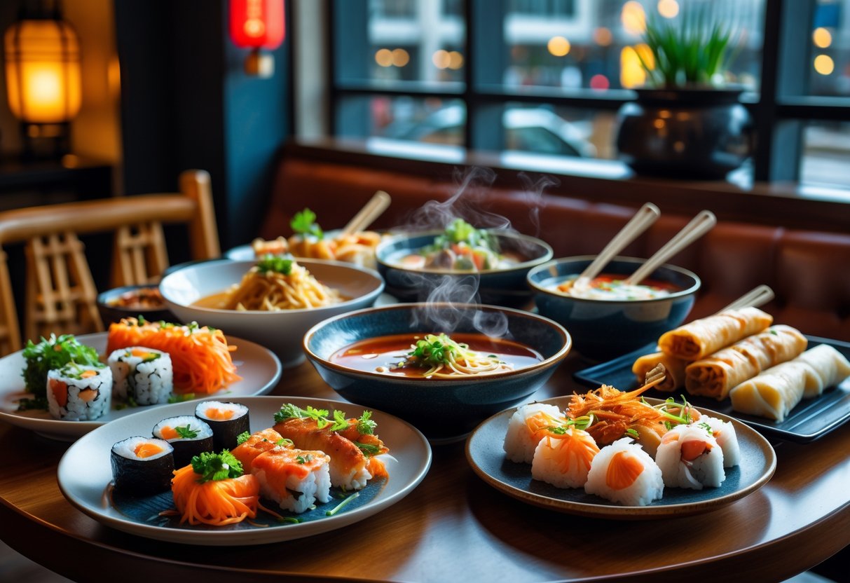 A table set with various Asian dishes including sushi, ramen, spring rolls, and dim sum inside a restaurant with Asian decor and a view of the city outside.