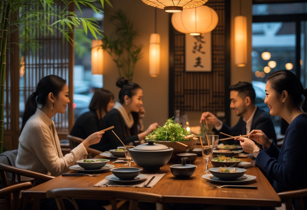 Interior of an Asian restaurant in Dublin with diners enjoying meals at wooden tables under warm lighting and traditional decorations.