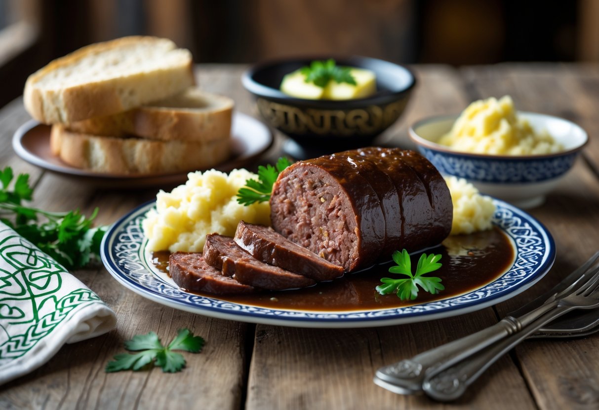 A plate of sliced Drisheen blood pudding served with soda bread, mashed potatoes, and onion gravy on a wooden table with Irish-themed tableware.