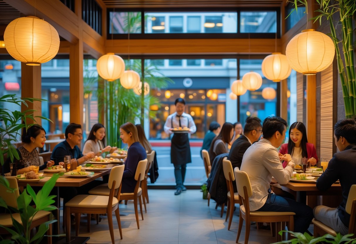 Customers dining inside a modern Asian restaurant with traditional decor and a waiter serving food.