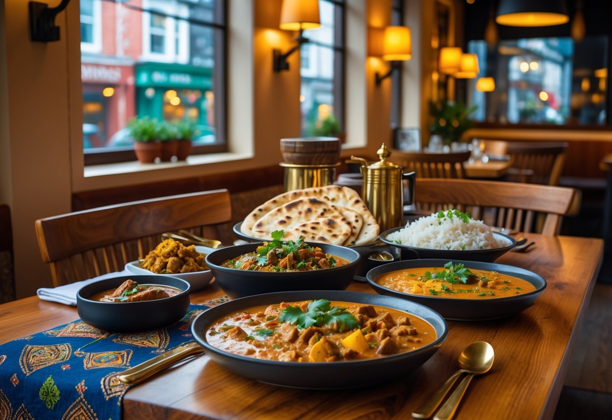 A table set with various traditional Indian dishes inside a cozy restaurant in Galway, with a window showing part of the city outside.