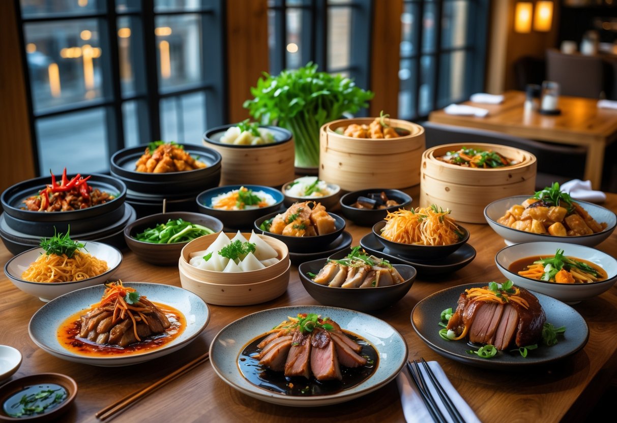 A table filled with a variety of authentic Chinese dishes representing different regional cuisines, set in a modern restaurant with a view of Dublin city through the windows.