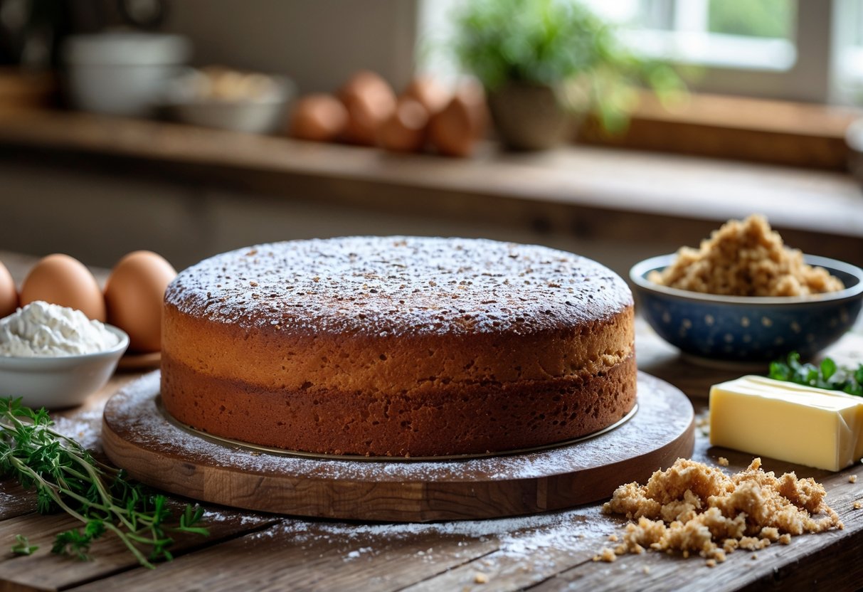 A traditional Irish cake on a wooden table surrounded by eggs, flour, butter, and brown sugar with a softly lit kitchen background.