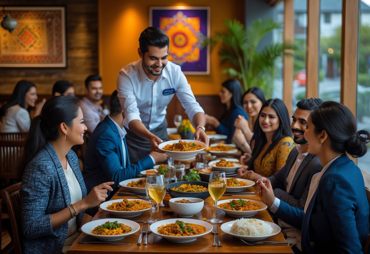 A customer service staff member serving Indian food to happy customers dining in a restaurant in Galway.