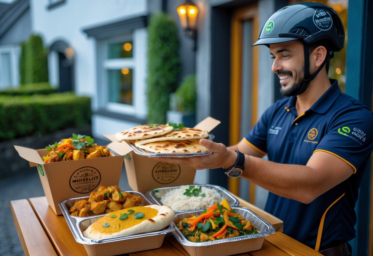 A delivery driver handing over Indian takeaway food in eco-friendly containers to a smiling customer at the doorstep of a house in Galway.