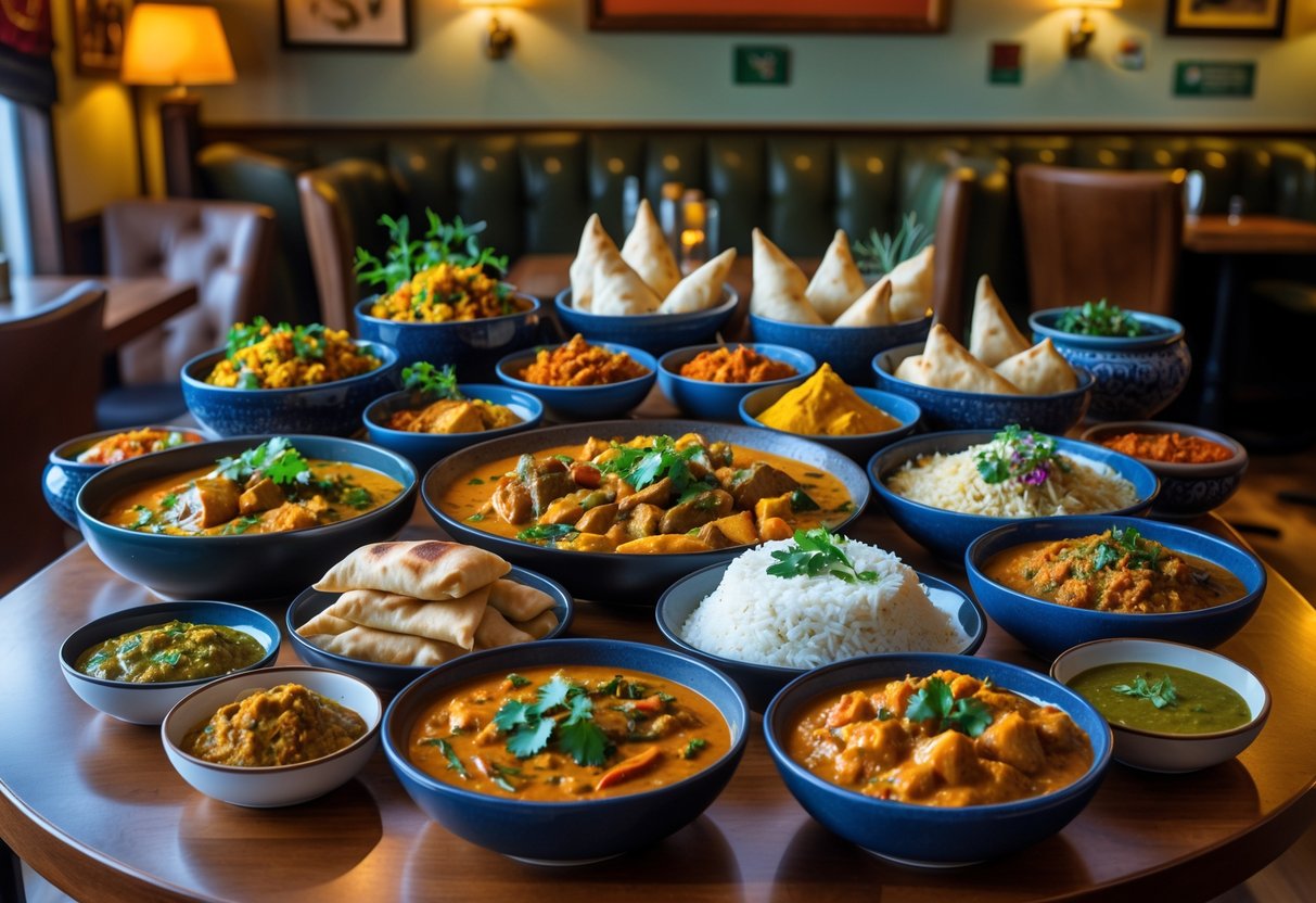 A table with a variety of Indian dishes including curries, naan, samosas, and rice in a cozy restaurant setting with warm lighting.
