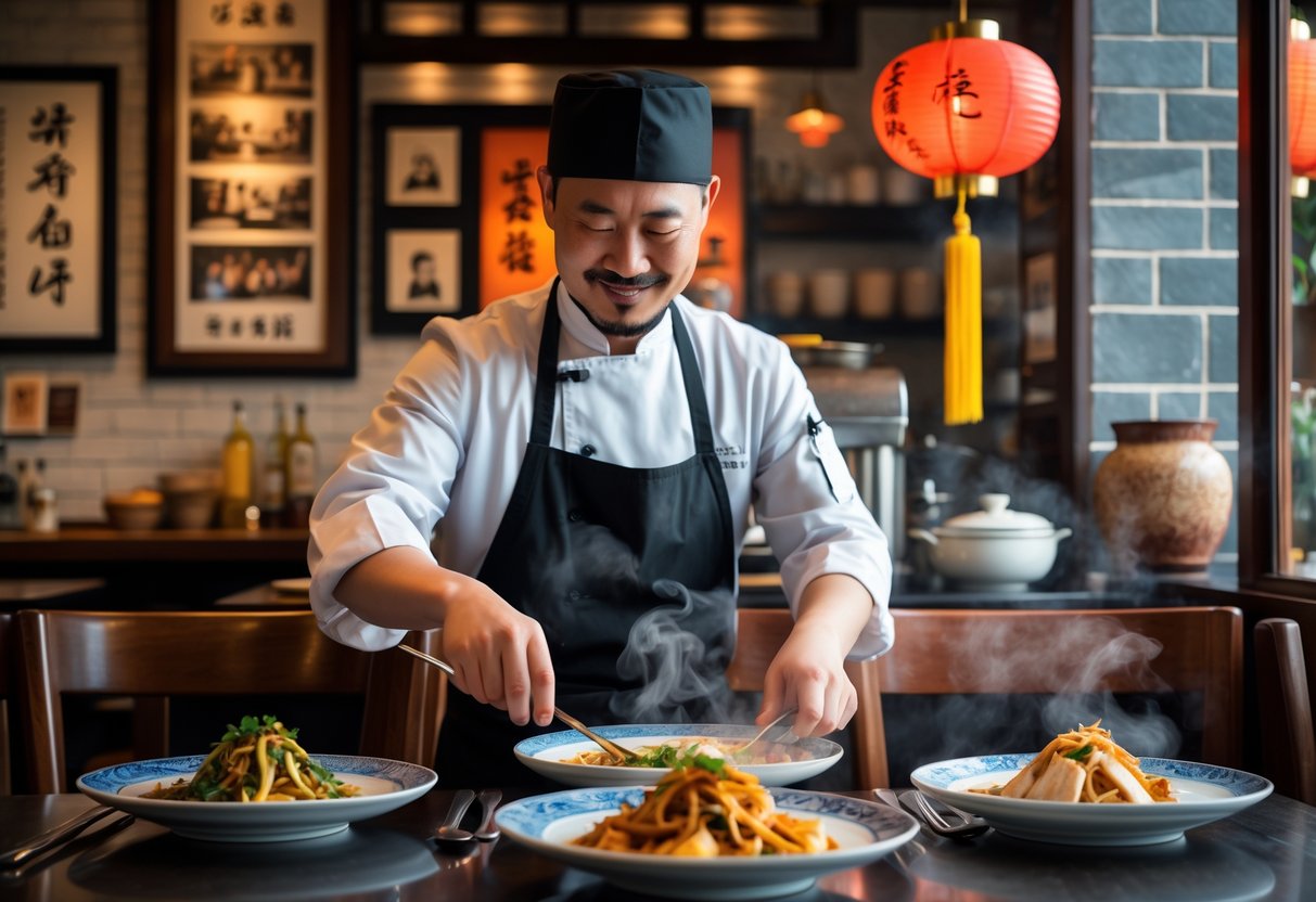 A Chinese chef preparing food in a warmly decorated restaurant with traditional Chinese decor and family photos on the wall.