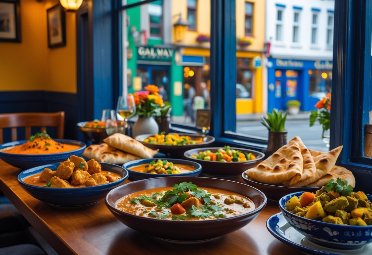 A table with a variety of Indian dishes set in a cozy restaurant with a view of Galway street buildings in the background.