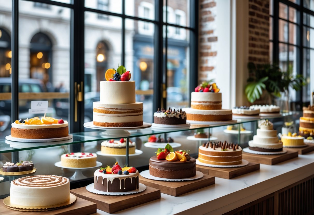 A bakery interior displaying a variety of decorated cakes and pastries on shelves with natural light coming through large windows showing a city street outside.
