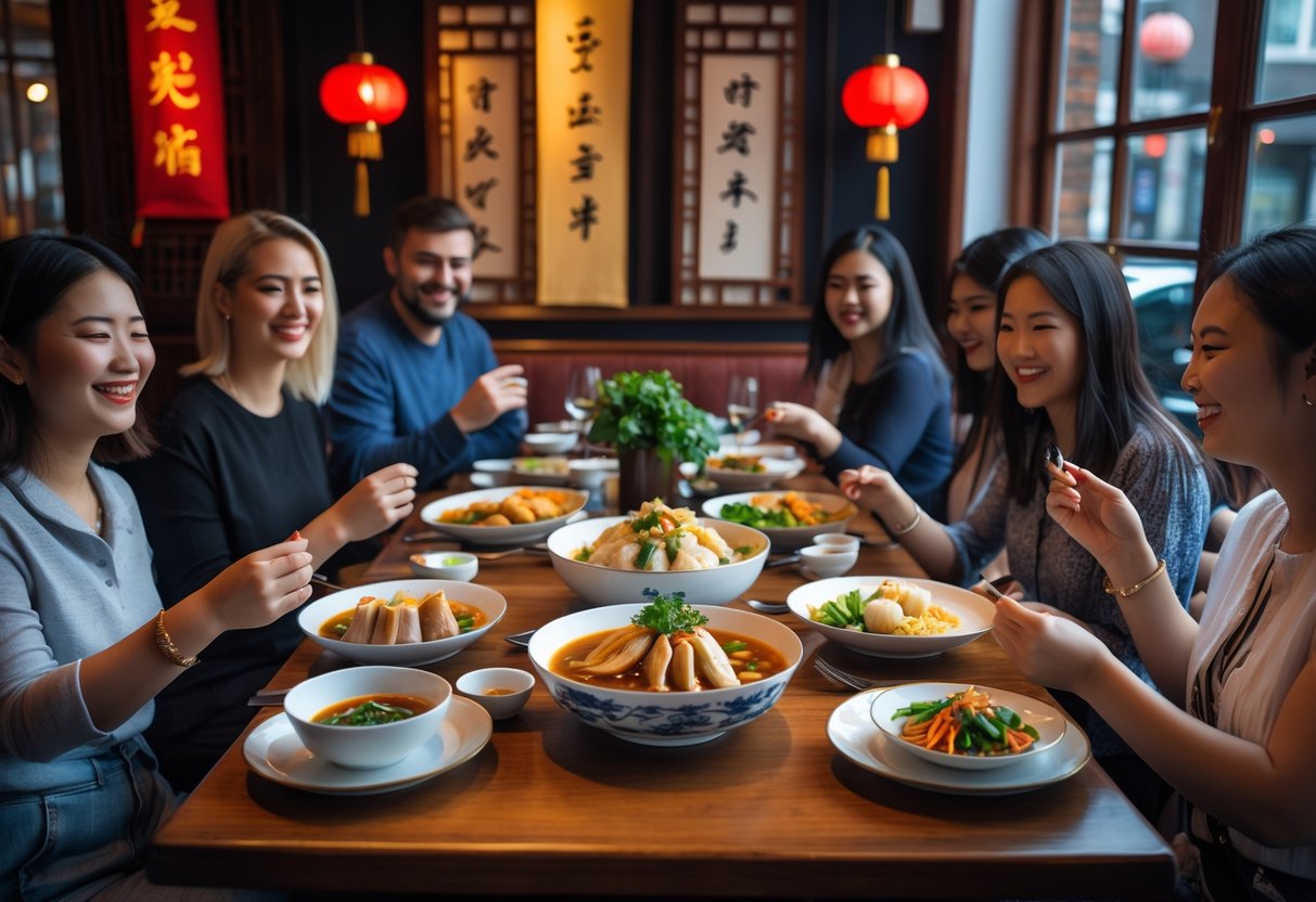 People enjoying traditional Chinese dishes inside a warmly lit restaurant with Chinese décor and a view of Dublin outside.