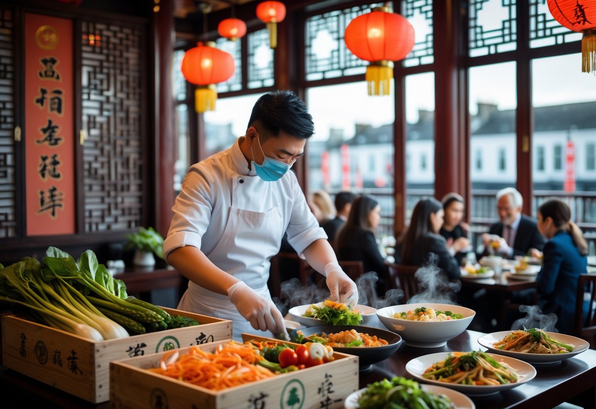 Chef selecting fresh ingredients in a busy Chinese restaurant in Dublin with diners enjoying meals in the background.