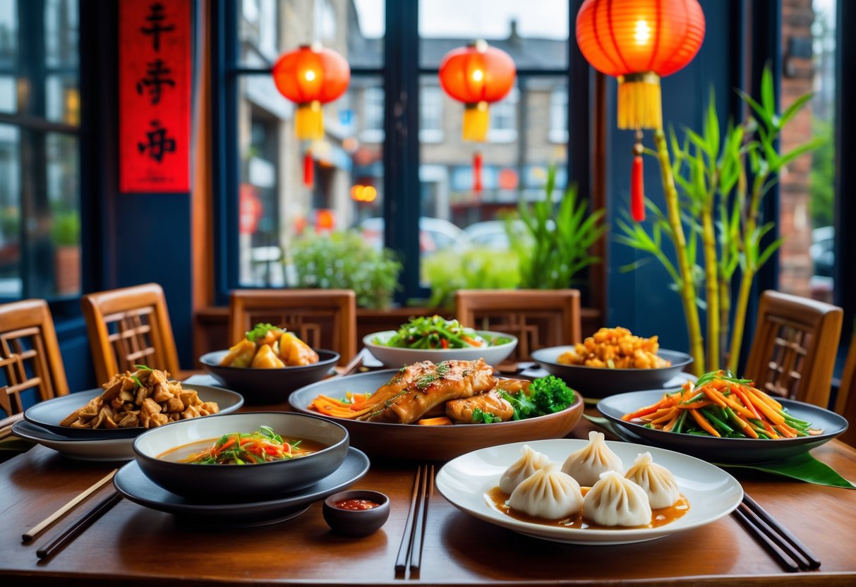 A table in a Chinese restaurant with traditional dishes and cultural decorations in the background.
