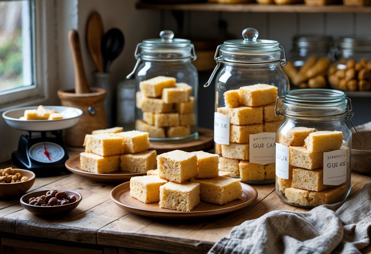 Slices of Gur Cake on a plate and sealed glass jars of Gur Cake on a wooden kitchen countertop with natural light.