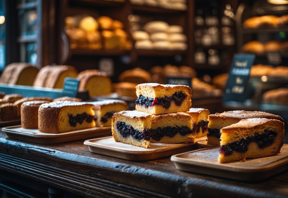 Slices of Gur Cake displayed on a wooden countertop inside a cozy bakery in Dublin.