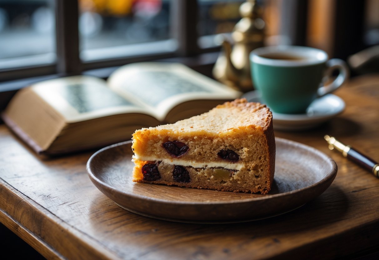 A slice of Gur Cake on a wooden plate on a caf&eacute; table with a vintage book and pen in the background.